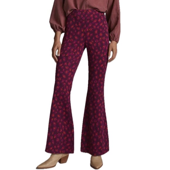 Anthropologie | Plum Knit Flare Pants with Abstract Floral Print | Size XS - Picture 2 of 15